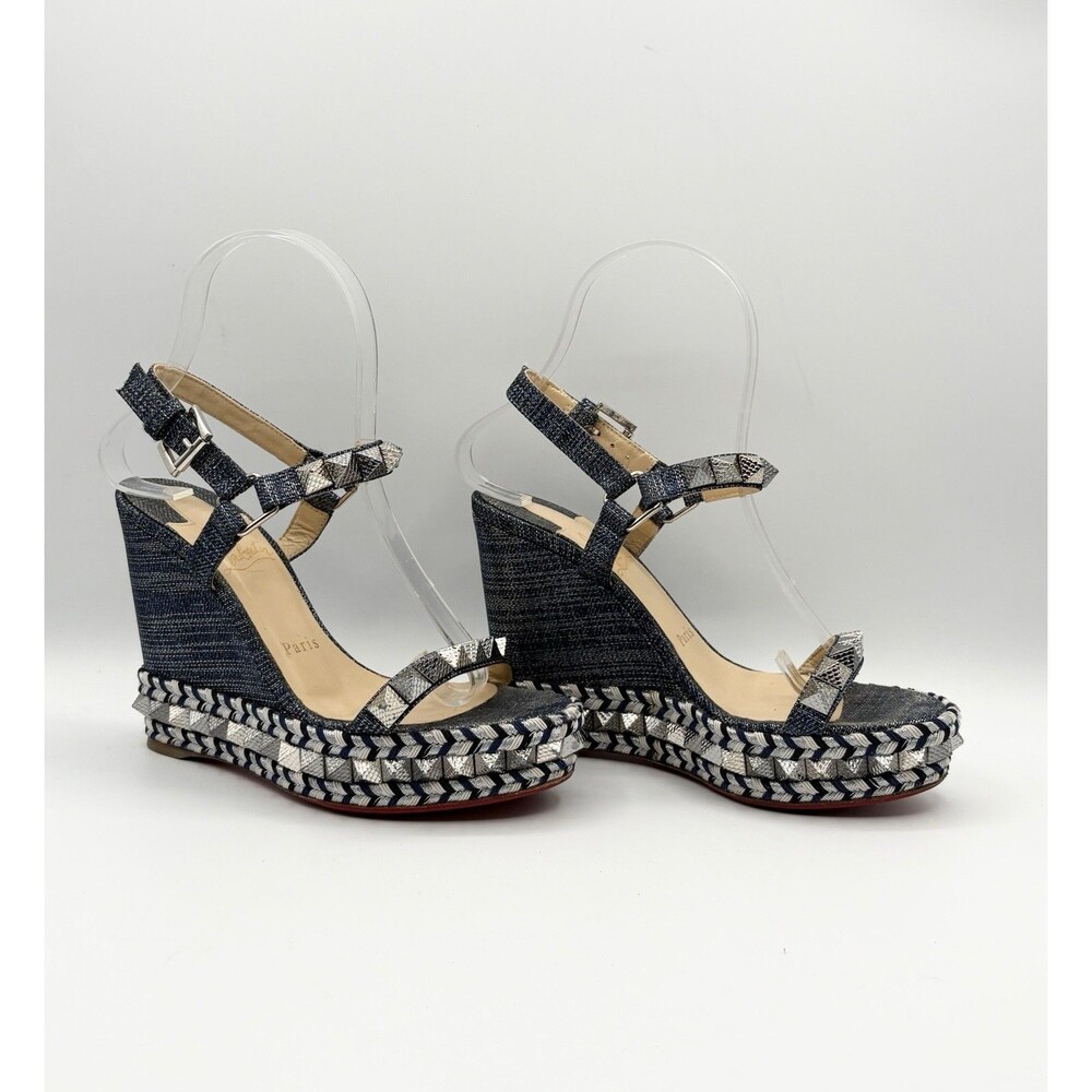 Christian Louboutin Pyraclou 110 Denim Espadrille Wedges Silver Studs EU 36 - Picture 3 of 11